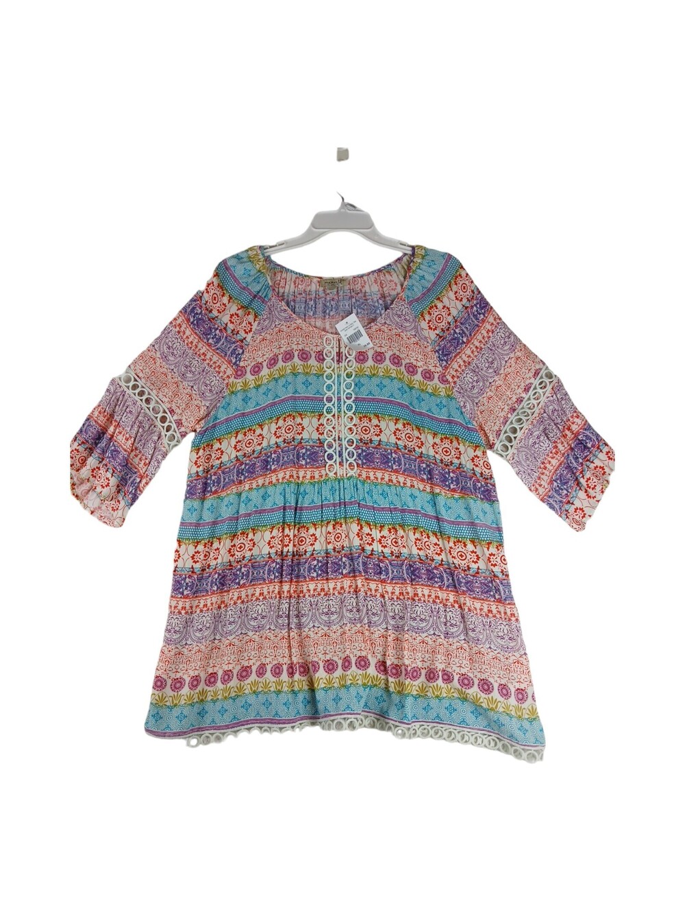 One World Womens Gypsy Crew Neck Springtime Colorful Blouse Top Flared Sleeve XL